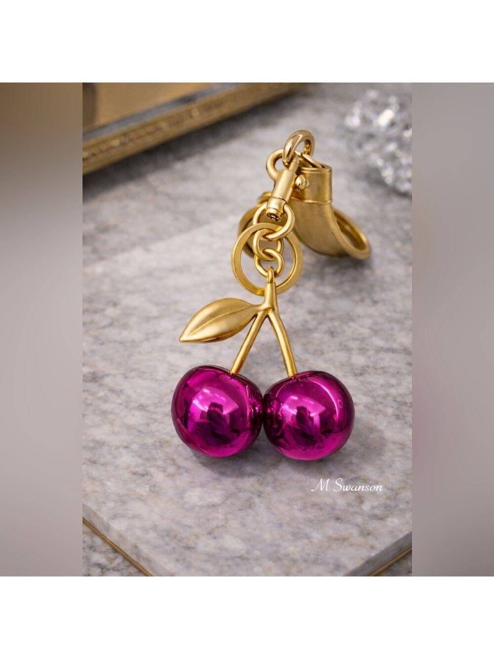 Fuchsia Pink Metallic Cherry Bag Charm Keychain Gold Tone Hardware NWT - Picture 1 of 3